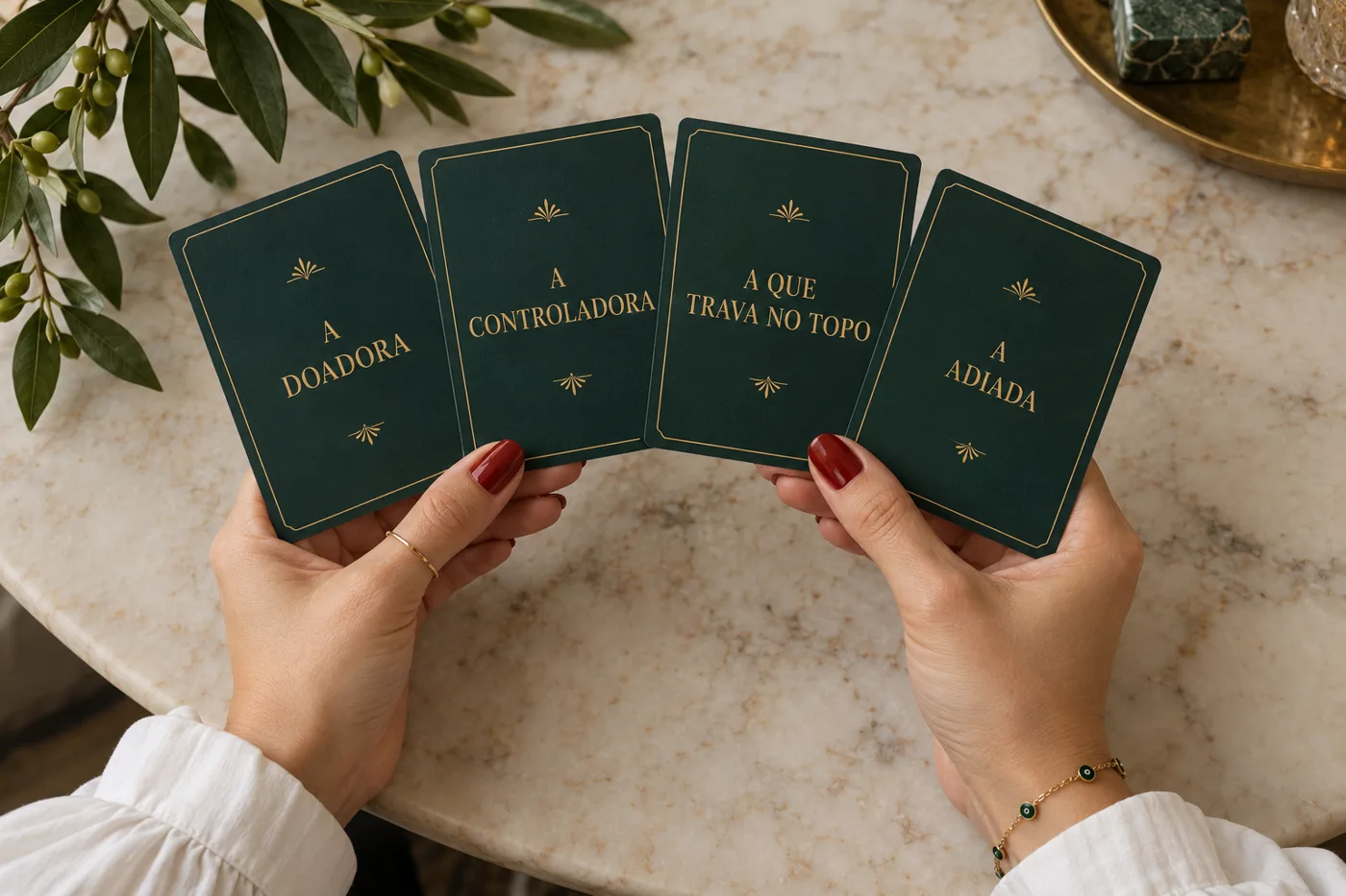 Mãos segurando quatro cartas verdes: A Doadora, A Controladora, A que Trava no Topo e A Adiada