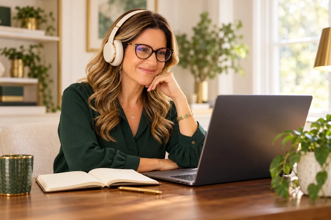 Mulher de óculos e fone acompanhando a aula no notebook, com caderno aberto
