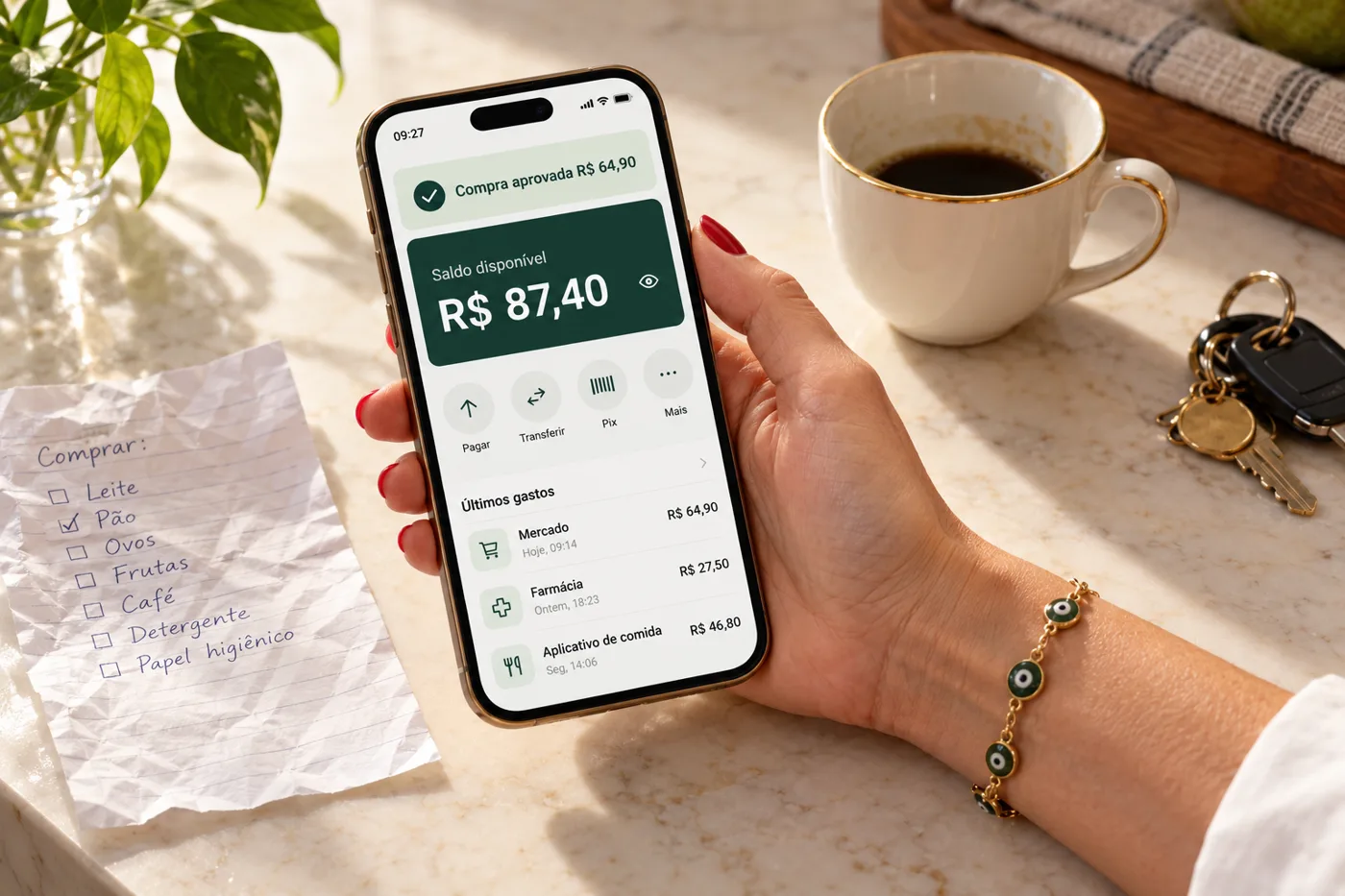 Mão segurando o celular com o aplicativo do banco mostrando saldo baixo, ao lado de uma lista de compras
