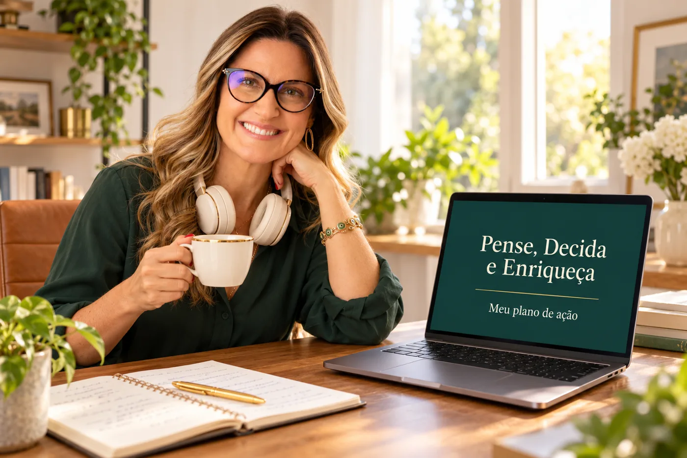 Mulher sorrindo com uma xícara de café diante do notebook com o slide Meu plano de ação
