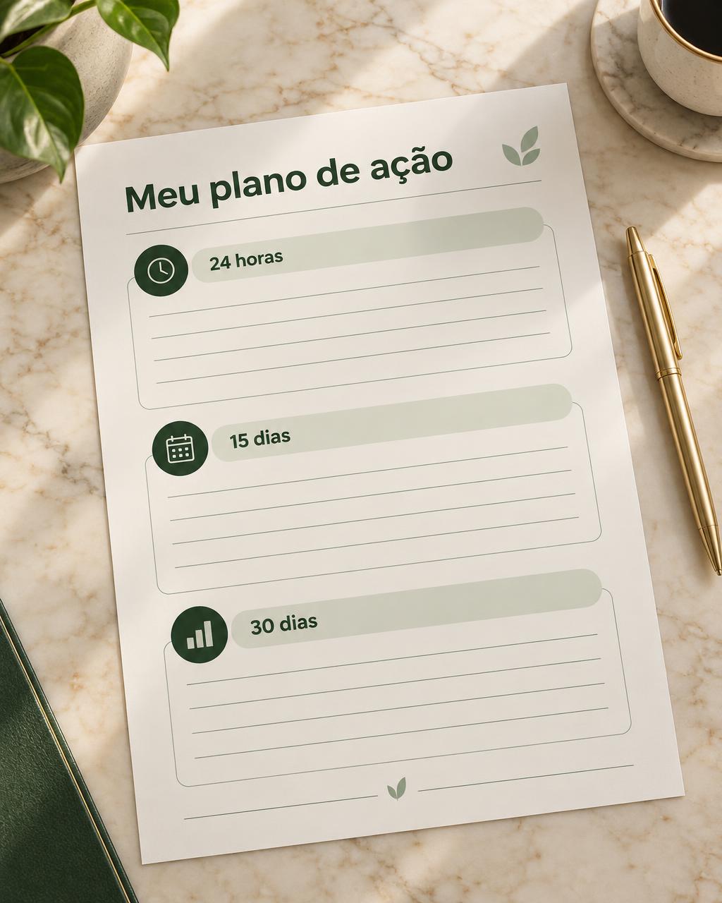 Folha impressa Meu plano de ação com blocos de 24 horas, 15 dias e 30 dias e caneta dourada